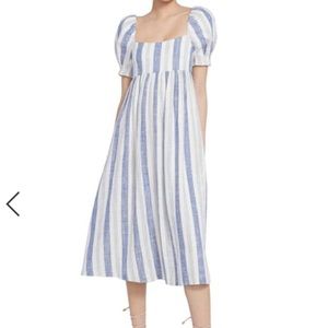 Alice and Olivia Baurey Puff Sleeve Baby Doll Midi Dress In Cream/ Blue